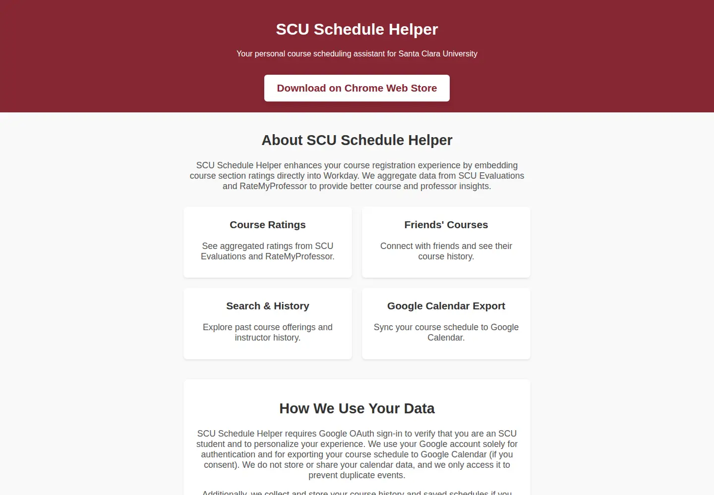 Screenshot of scu-schedule-helper.me