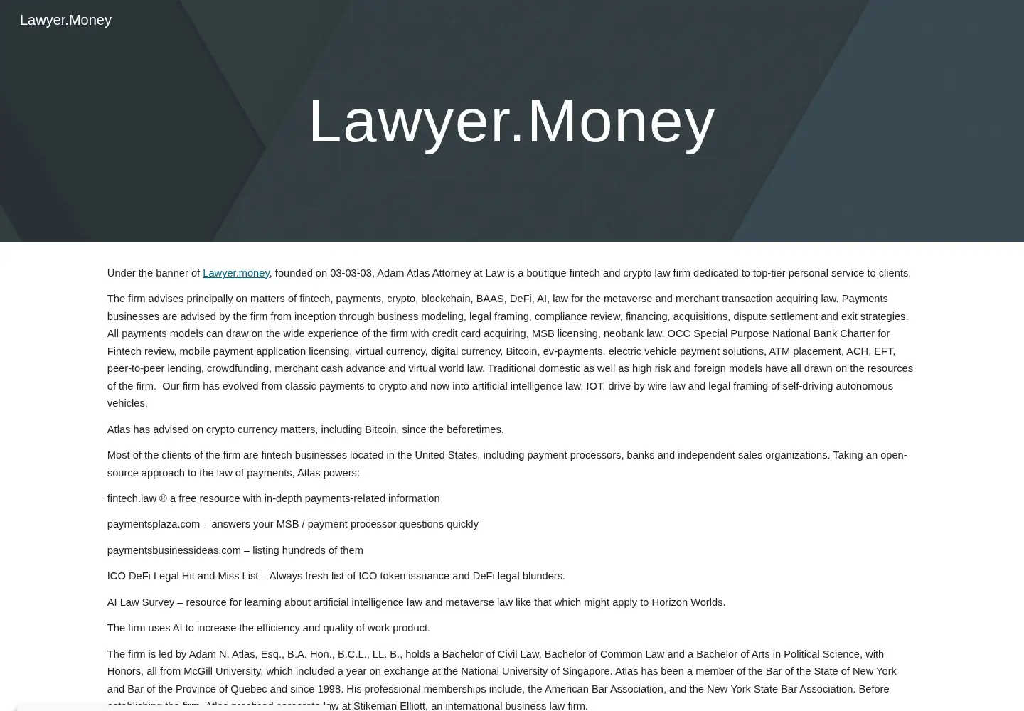 Captured homepage of lawyer.money in the current scan