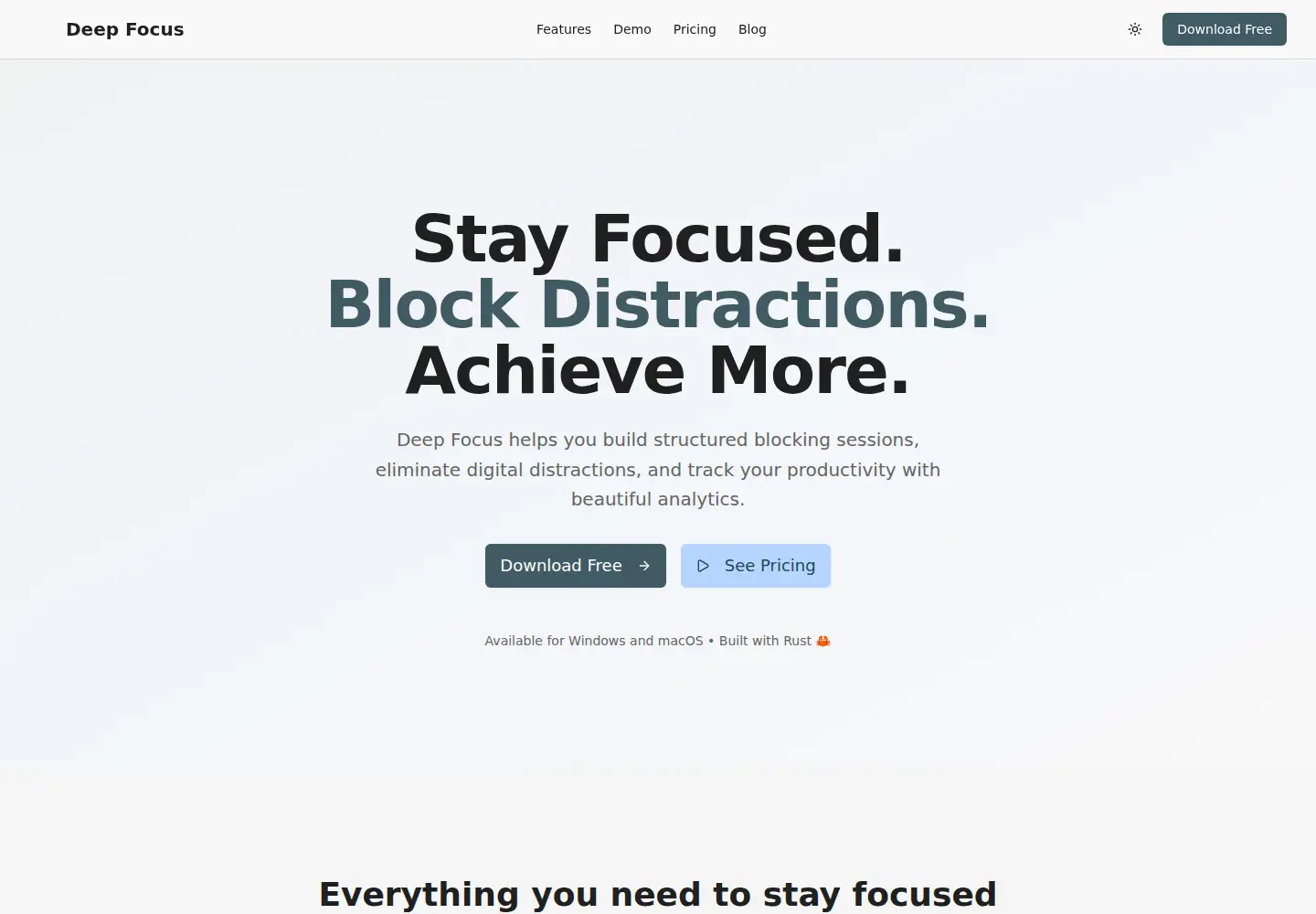 Captured homepage of deepfocusapp.net in the current scan