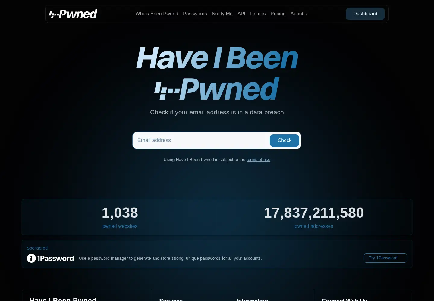 Screenshot of haveibeenpwned.com