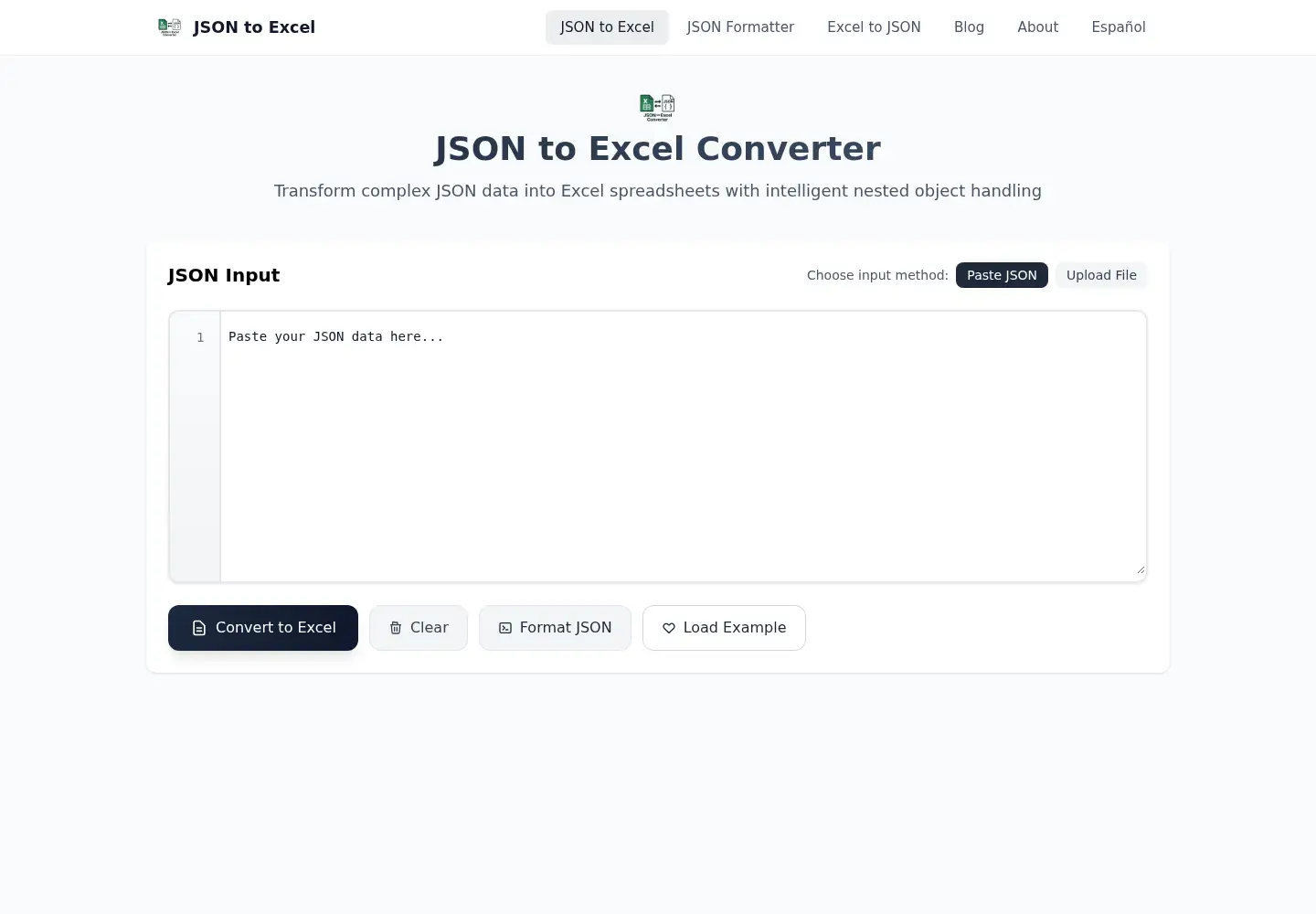 Screenshot of jsontoexcel.net
