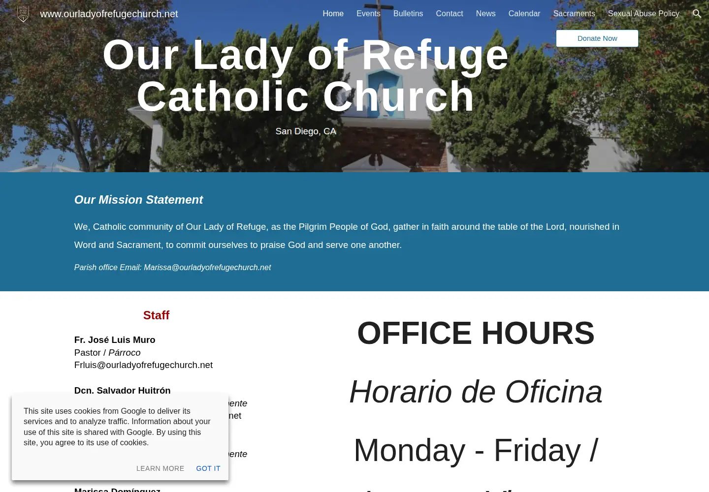 Captured homepage of ourladyofrefugesandiego.net in the current scan