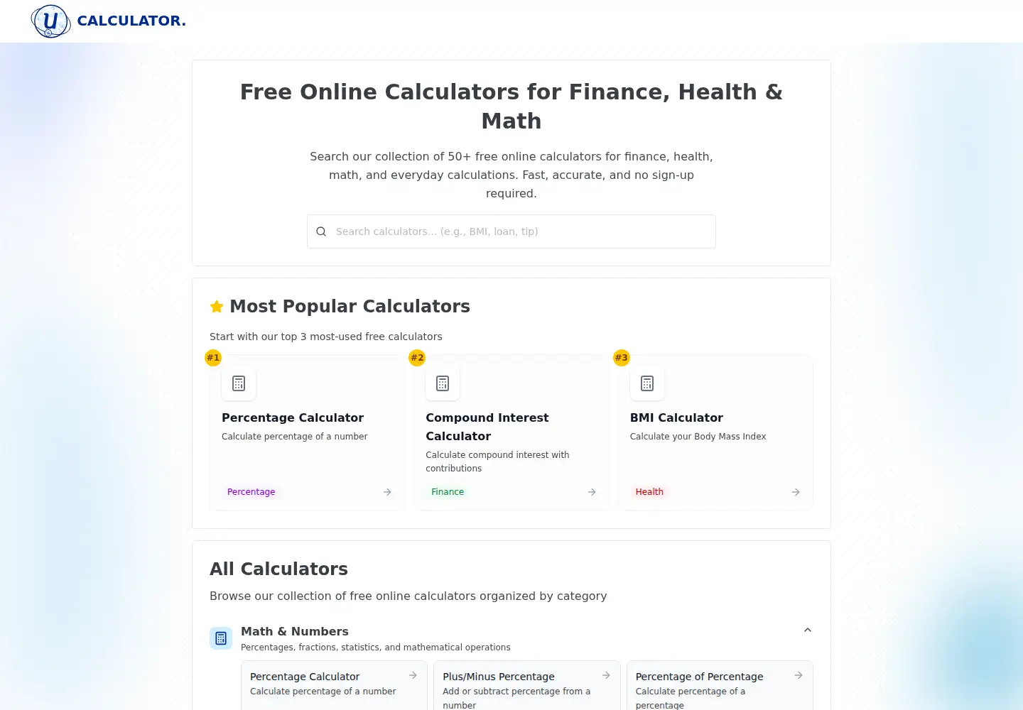 Screenshot of universalcalculators.net