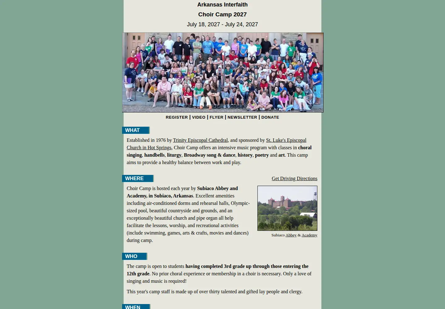 Captured homepage of choircamp.org in the current scan