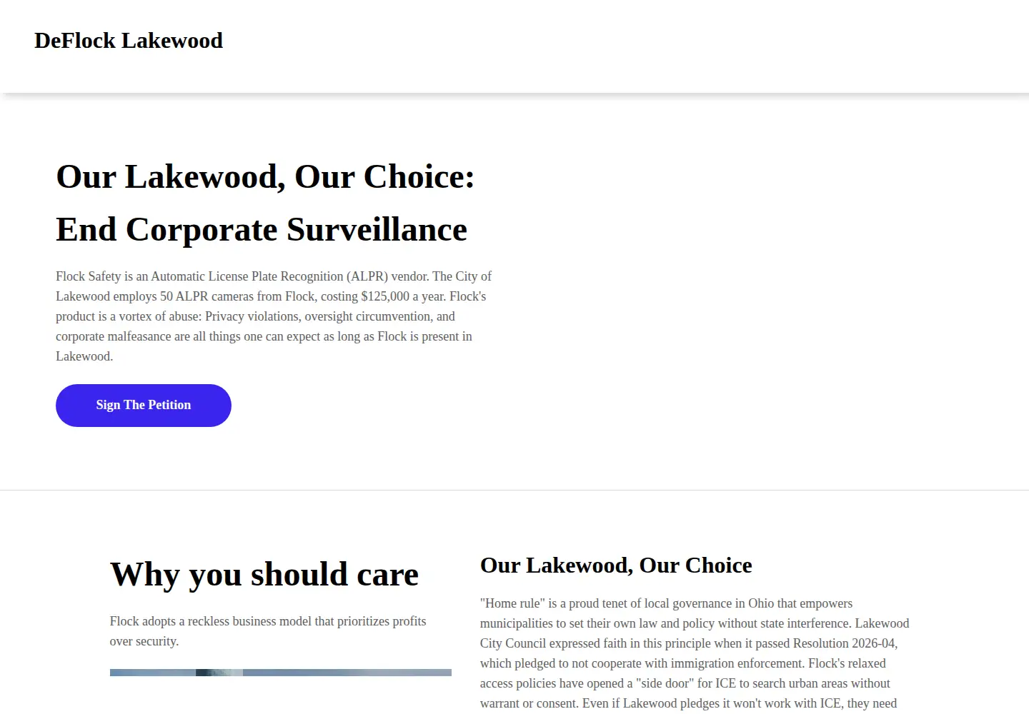 Captured homepage of deflocklakewood.org in the current scan