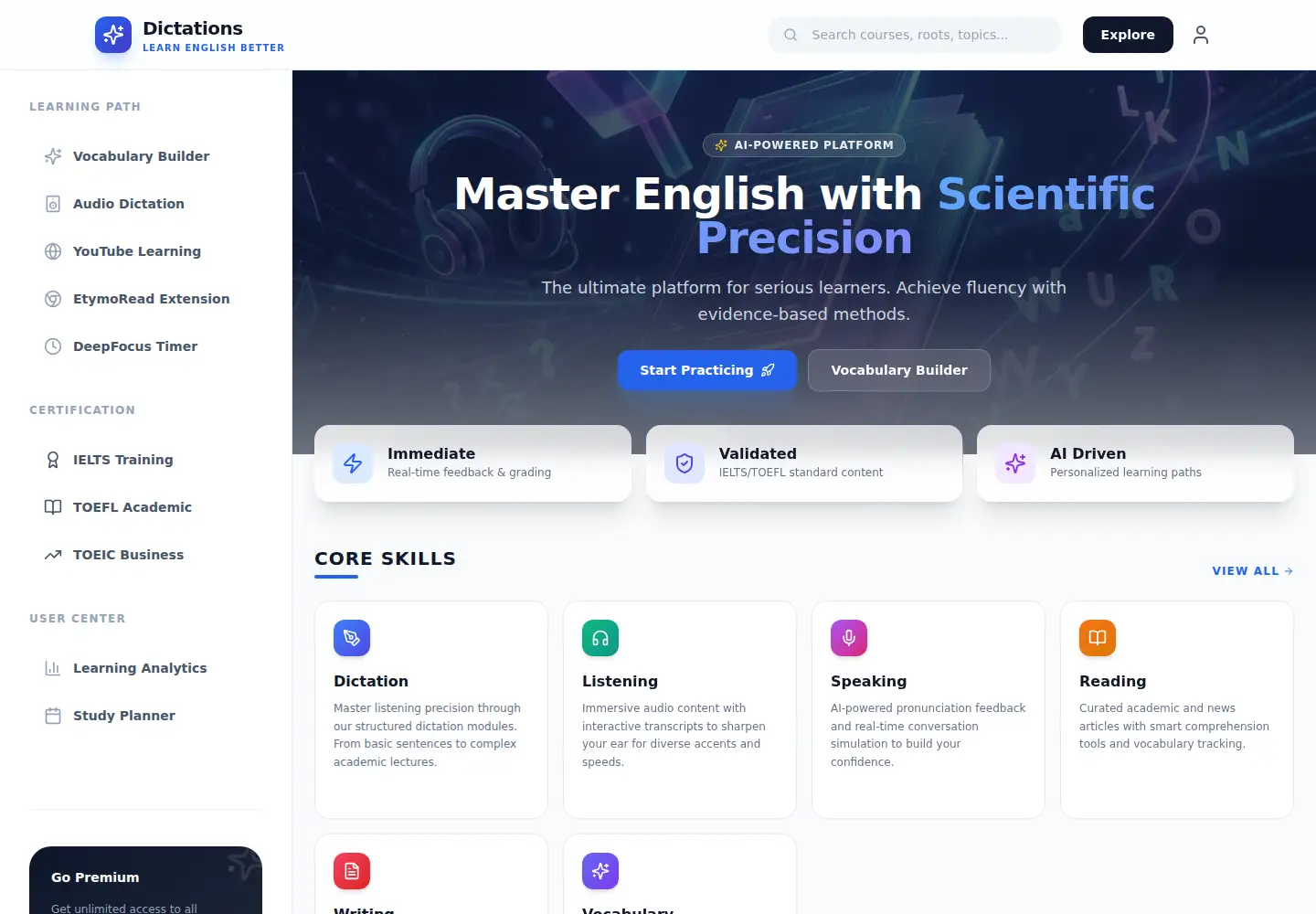 Screenshot of dictations.org