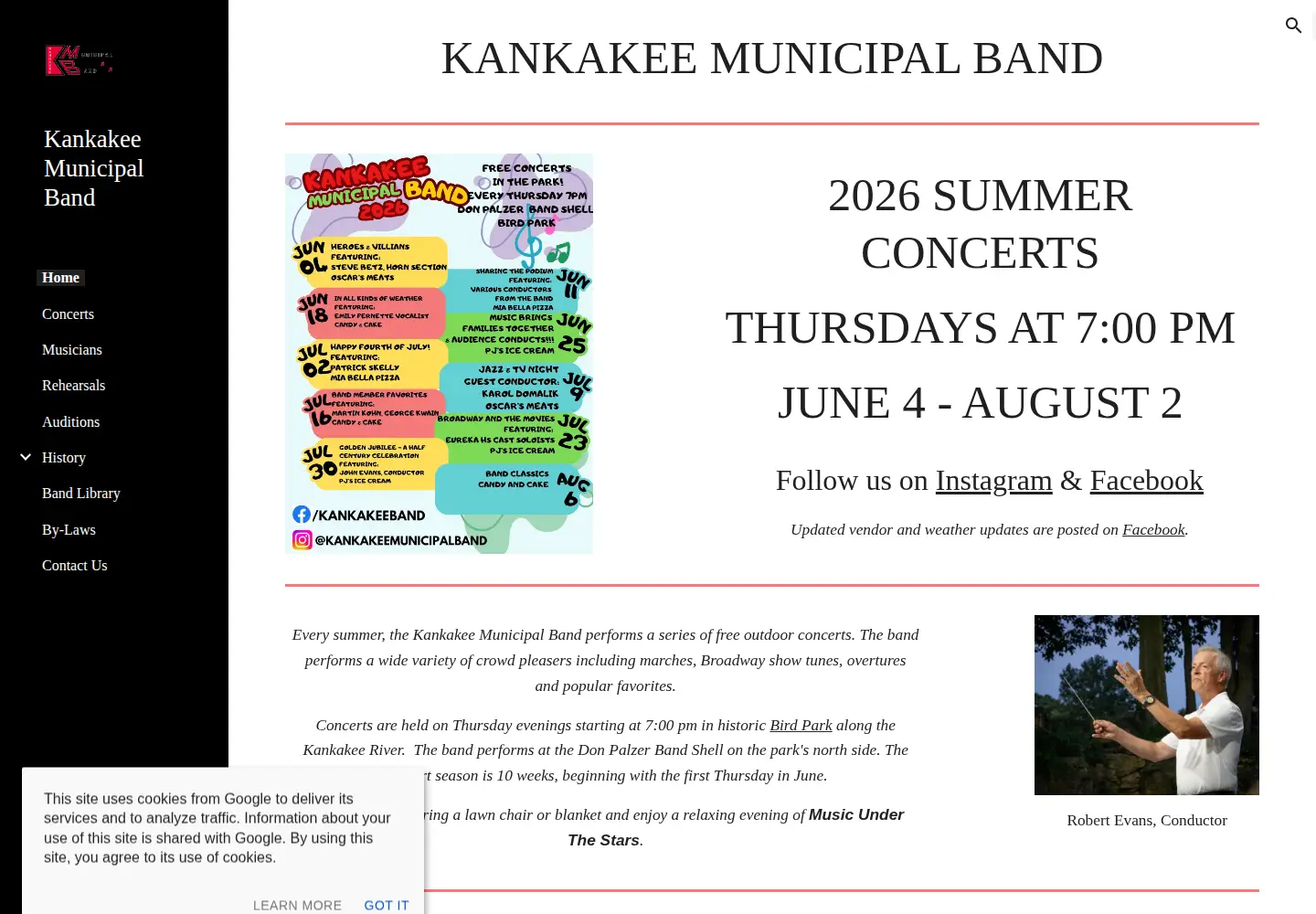 Captured homepage of kankakeeband.org in the current scan