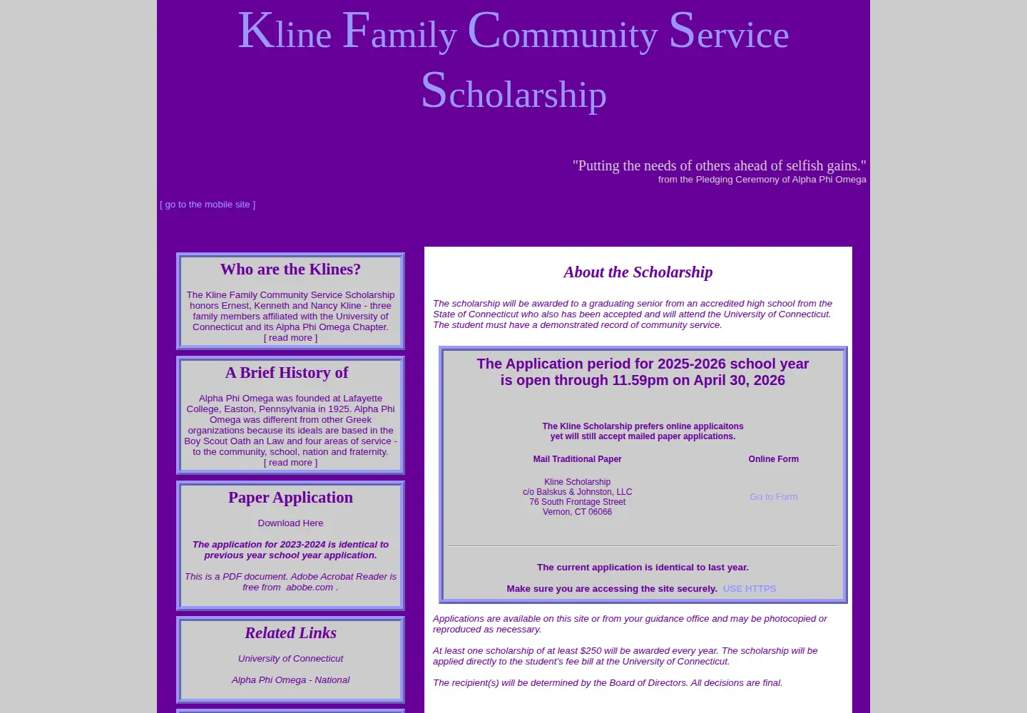 Screenshot of klinefamilyscholarship.org