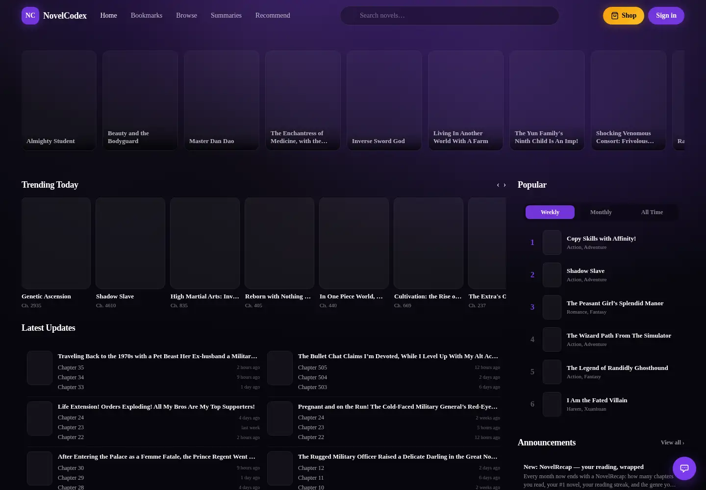 Screenshot of novelcodex.org