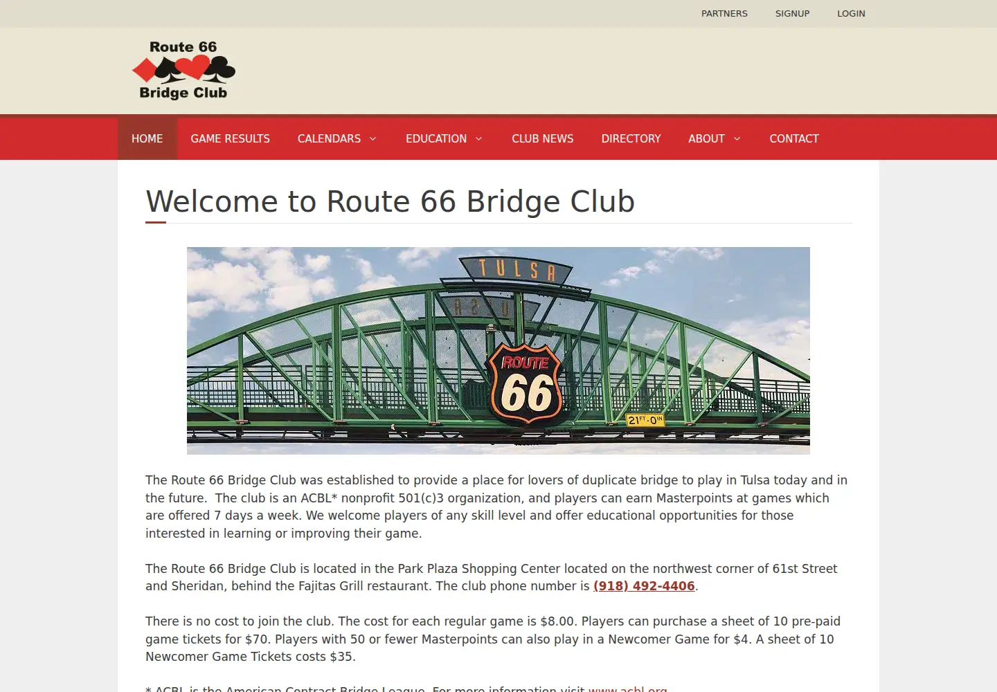 Captured homepage of route66bridgeclub.org in the current scan