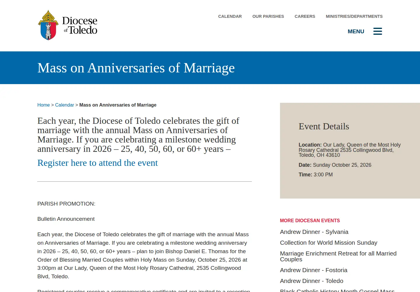 Screenshot of toledoanniversarymass.org