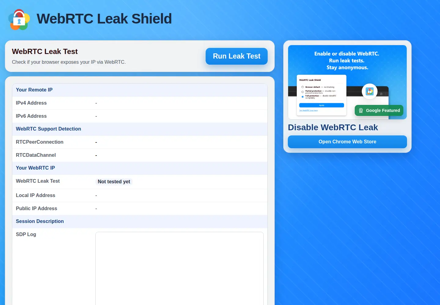 Captured homepage of webrtcleakshield.org in the current scan