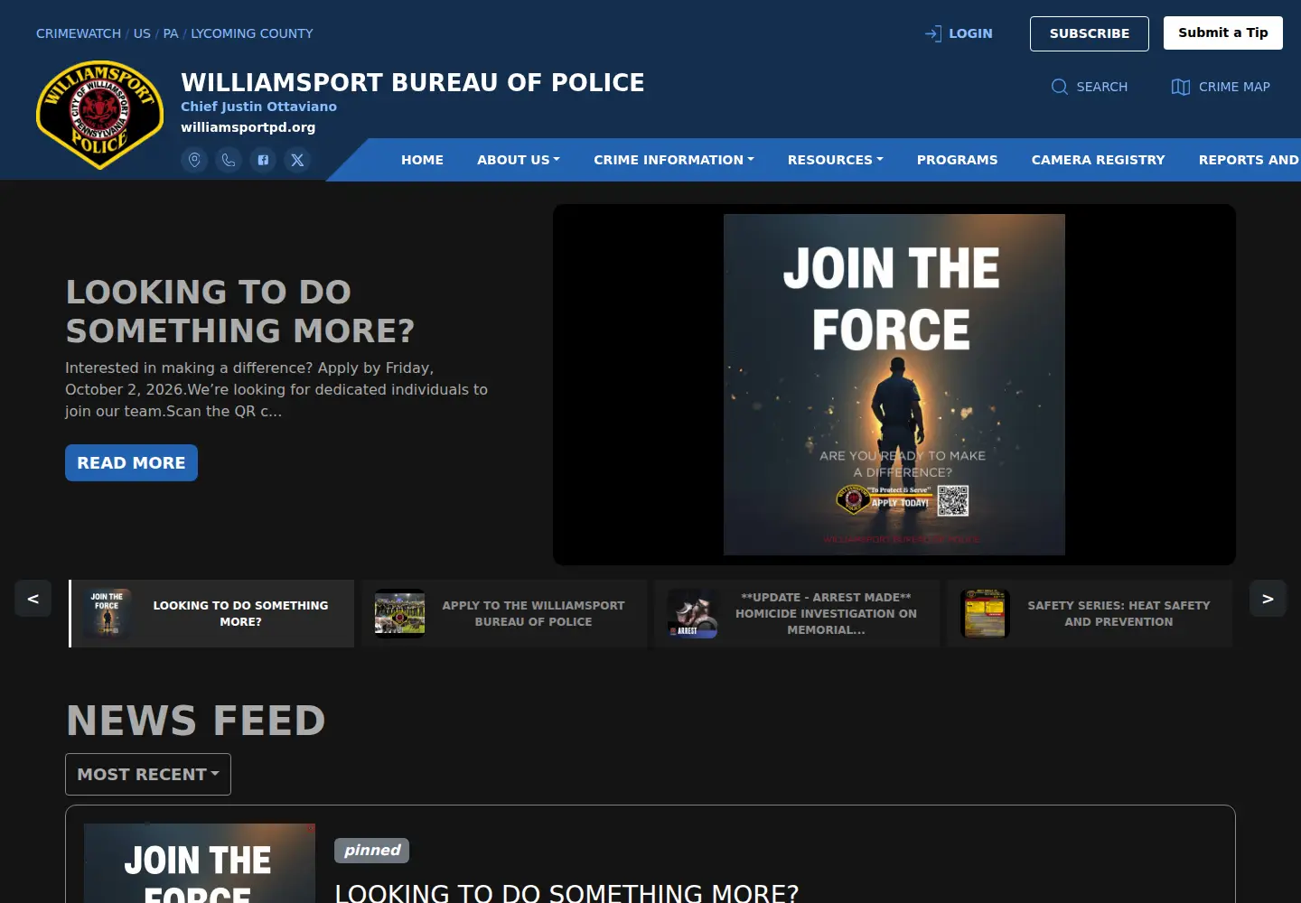 Captured homepage of williamsportpd.org in the current scan
