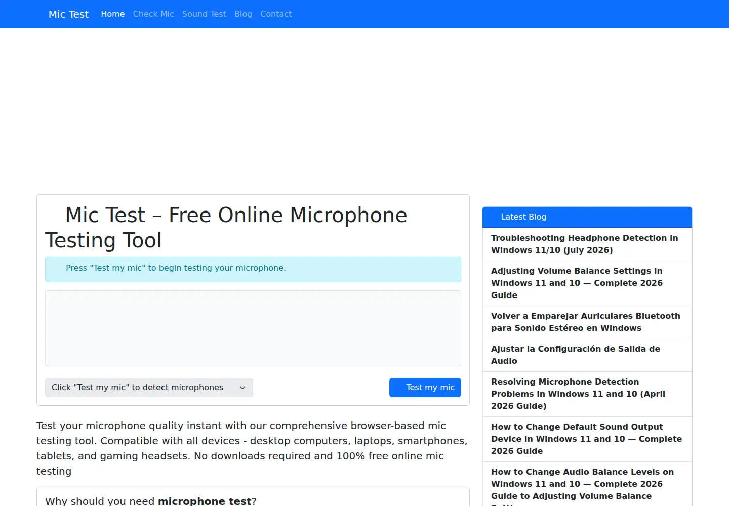 Captured homepage of mictest.pro in the current scan