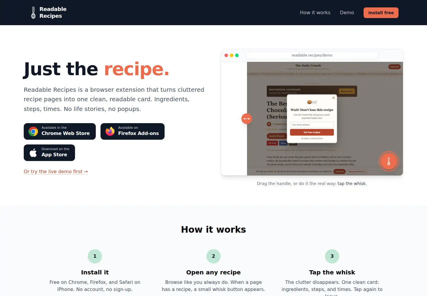 Captured homepage of readable.recipes in the current scan