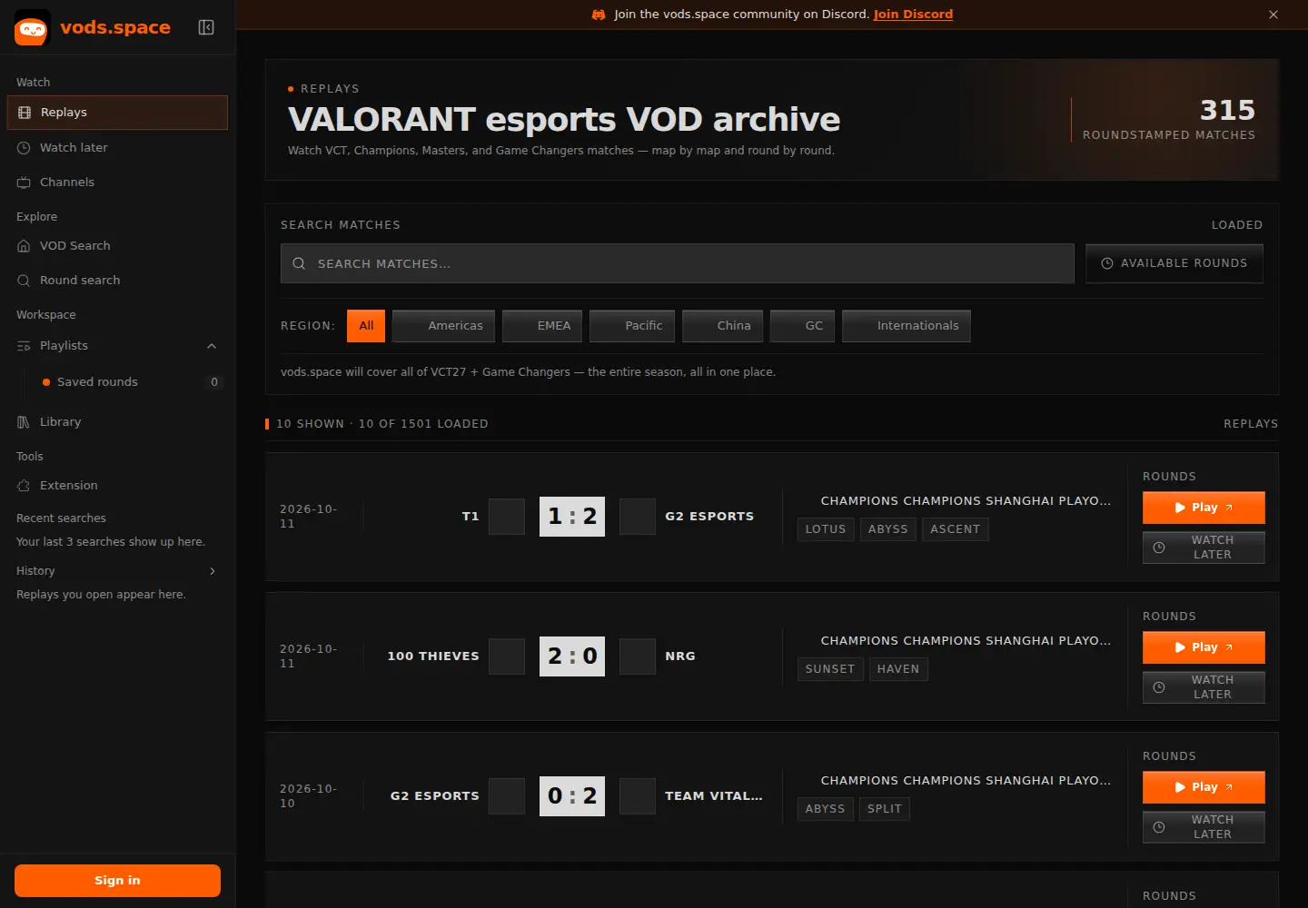 Screenshot of vods.space
