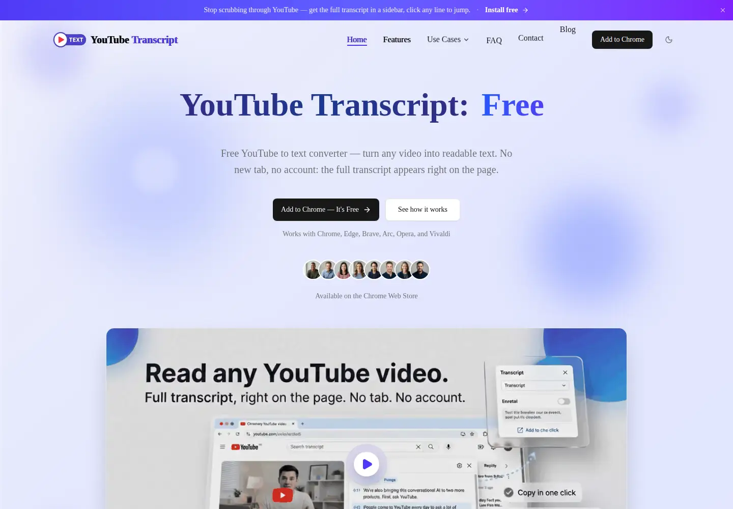 Captured homepage of youtube-transcript.tech in the current scan