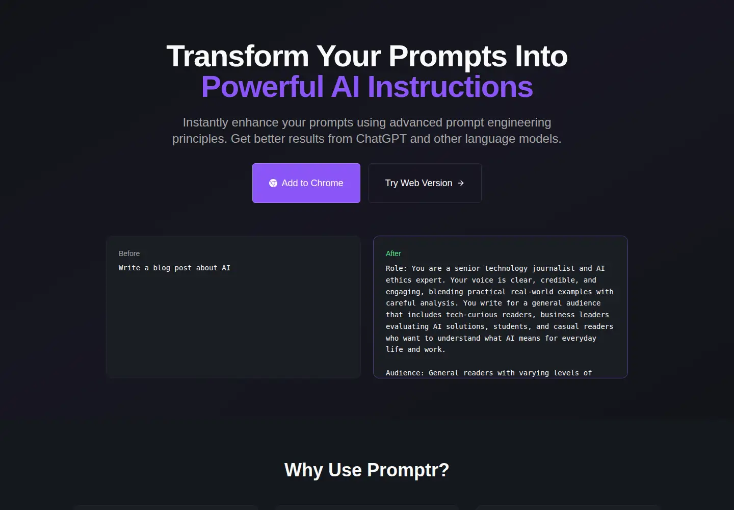 Captured homepage of promptr.work in the current scan