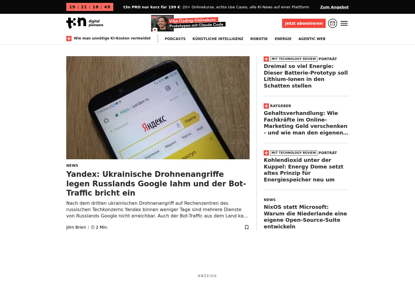 Captured homepage of t3n.de in the current scan