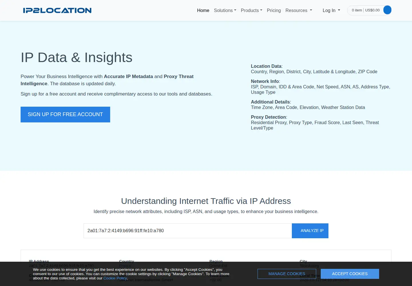 Screenshot of ip2location.com