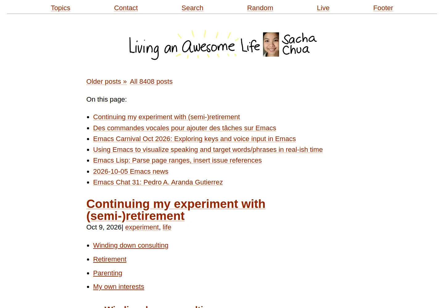 Captured homepage of sachachua.com in the current scan