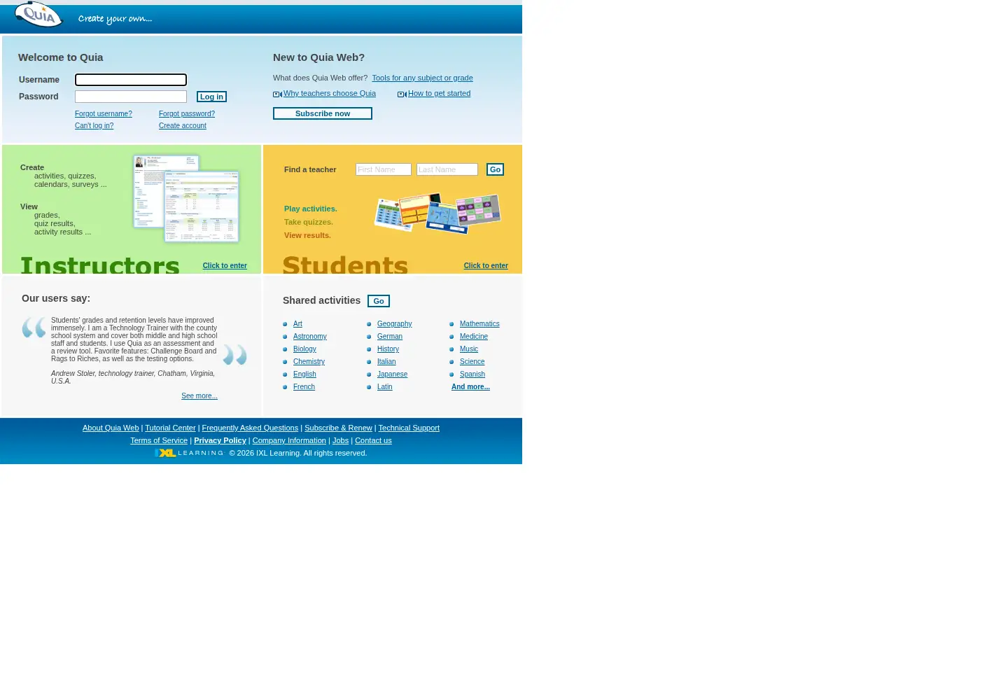 Screenshot of quia.com