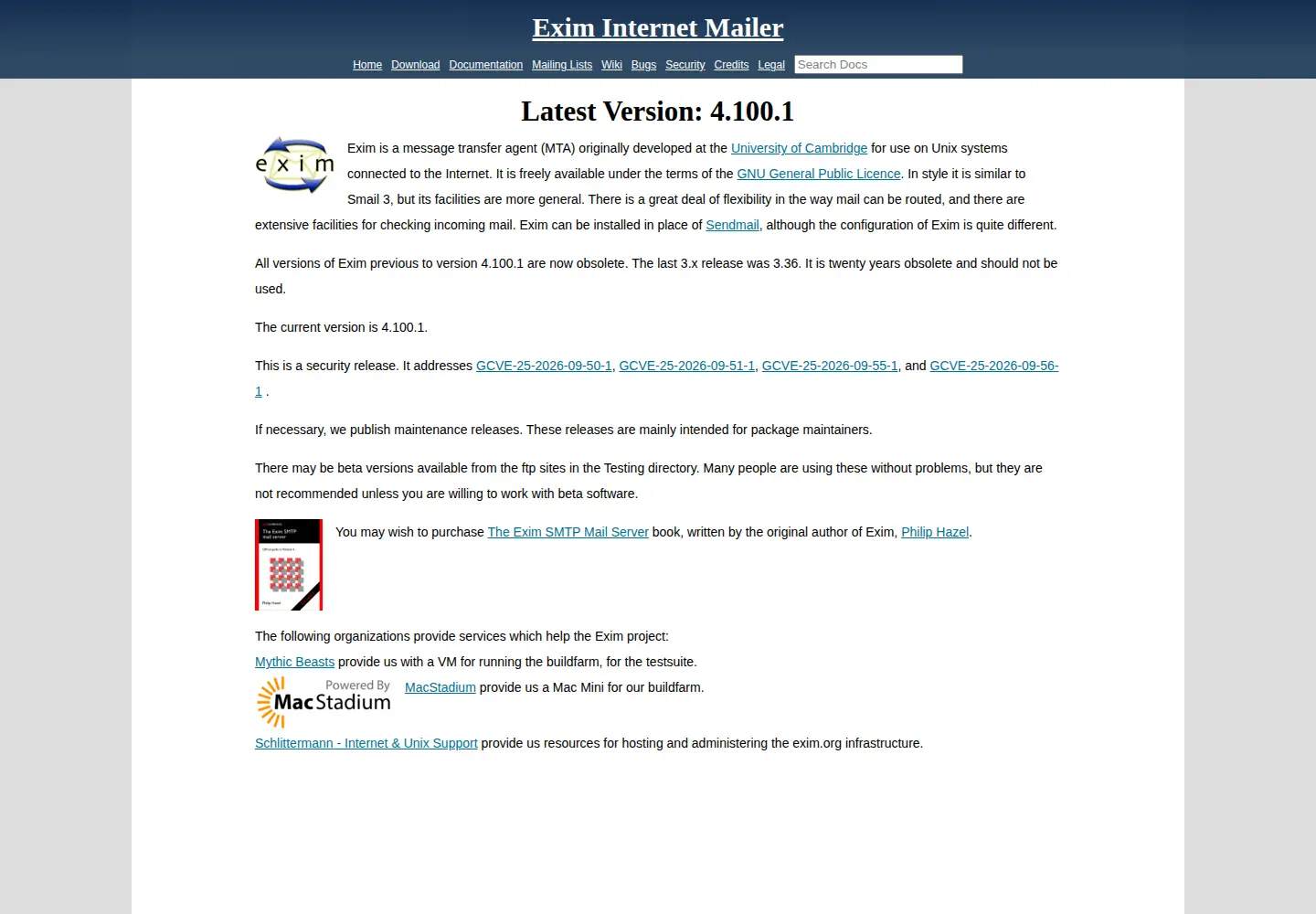 Captured homepage of exim.org in the current scan