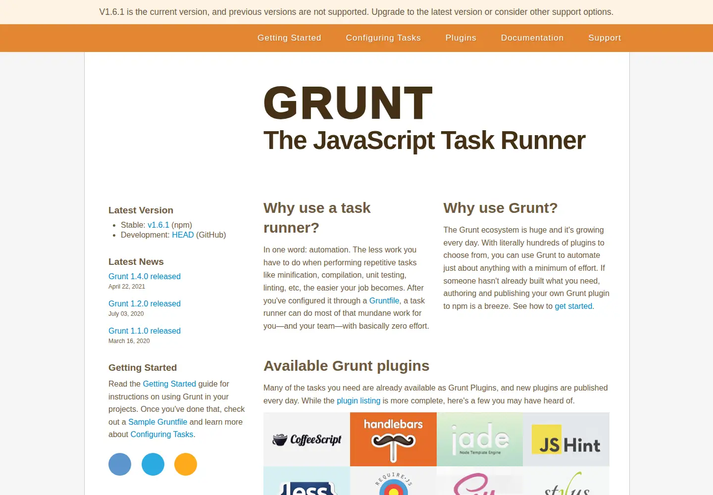 Screenshot of gruntjs.com