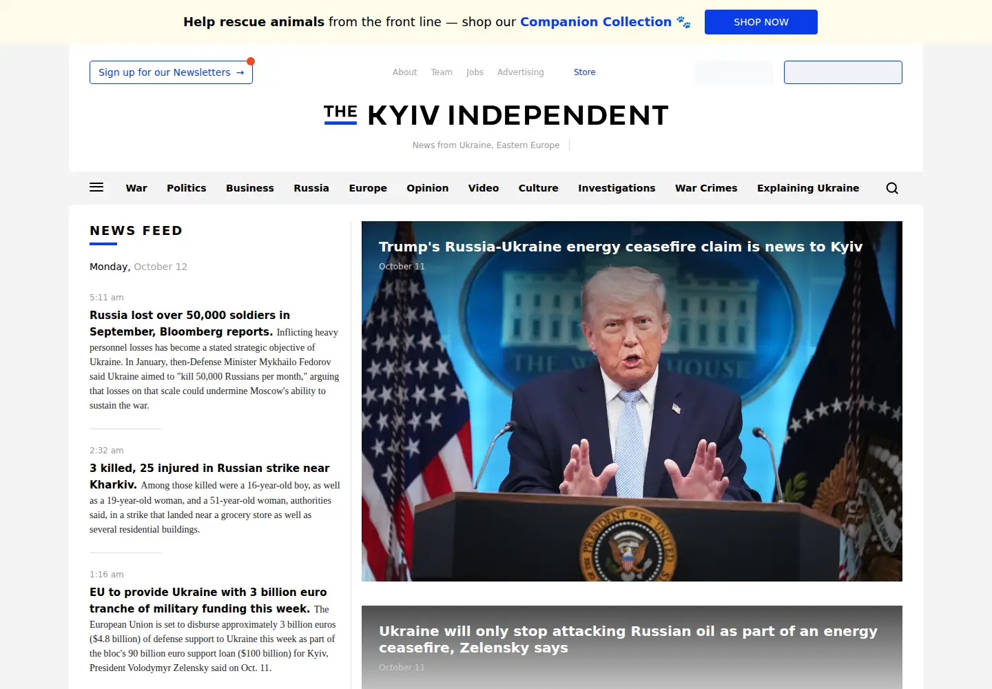 Captured homepage of kyivindependent.com in the current scan