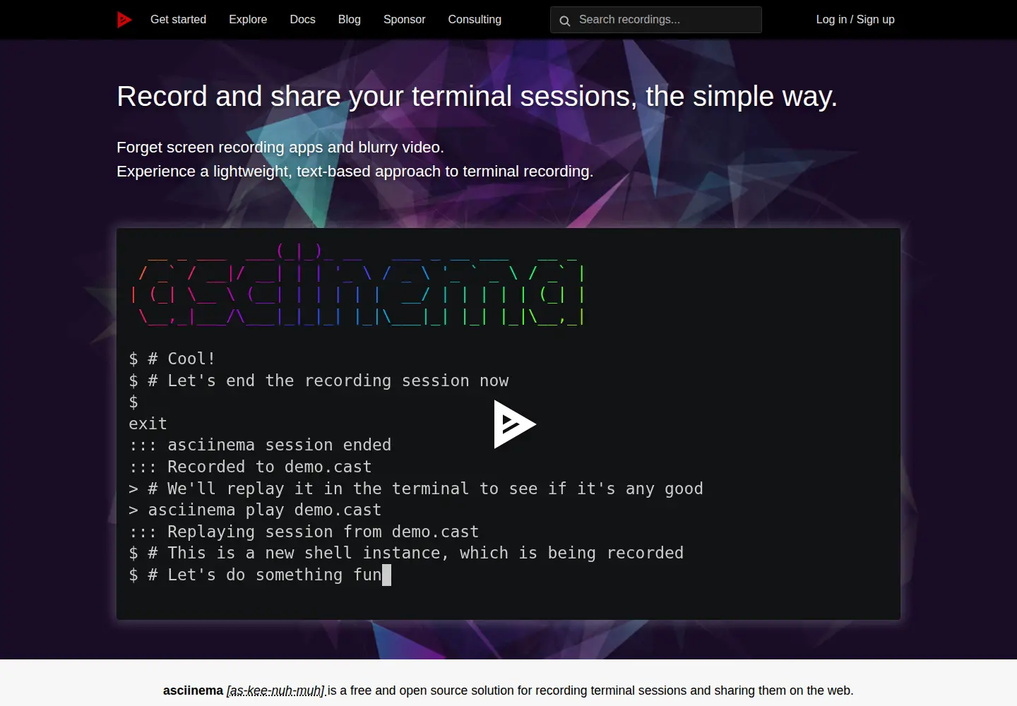 Captured homepage of asciinema.org in the current scan