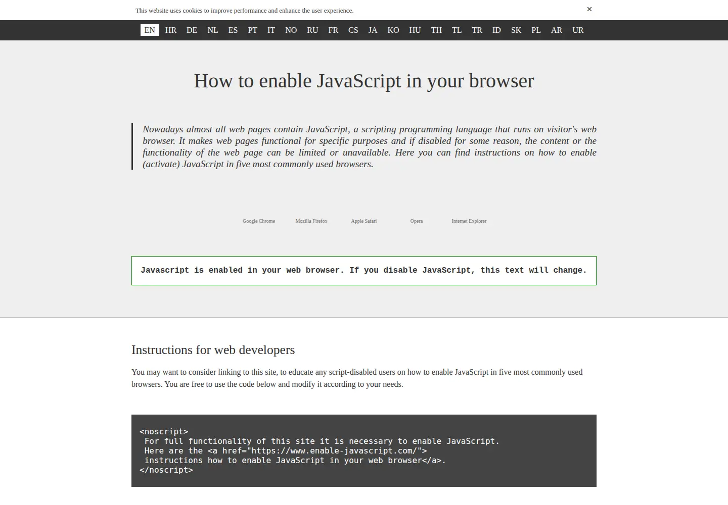 Captured homepage of enable-javascript.com in the current scan