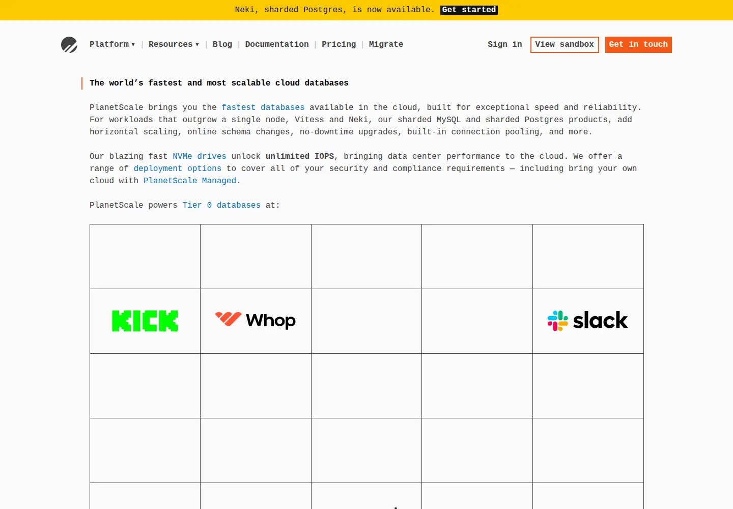 Screenshot of planetscale.com