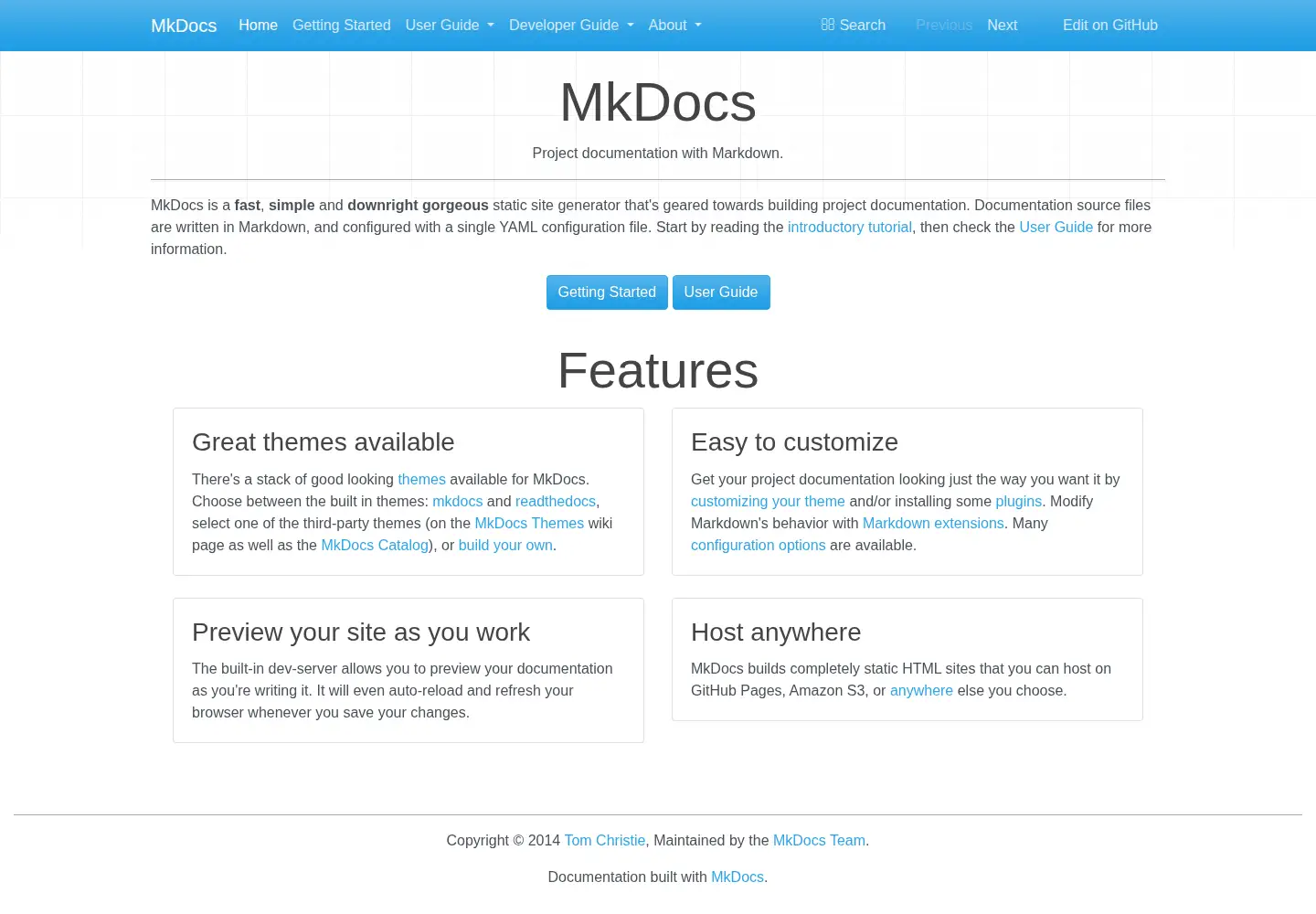 Screenshot of mkdocs.org