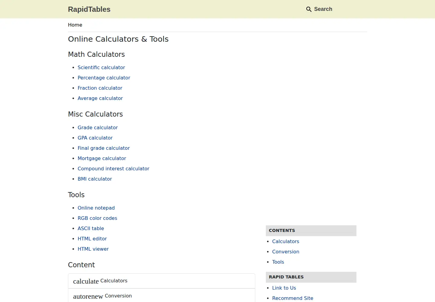 Screenshot of rapidtables.com