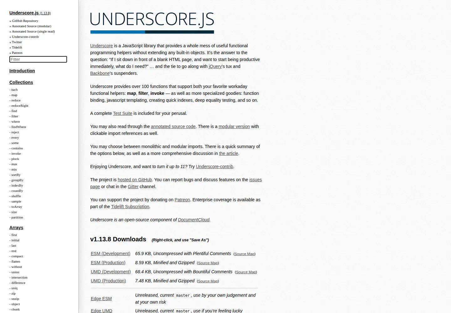 Screenshot of underscorejs.org