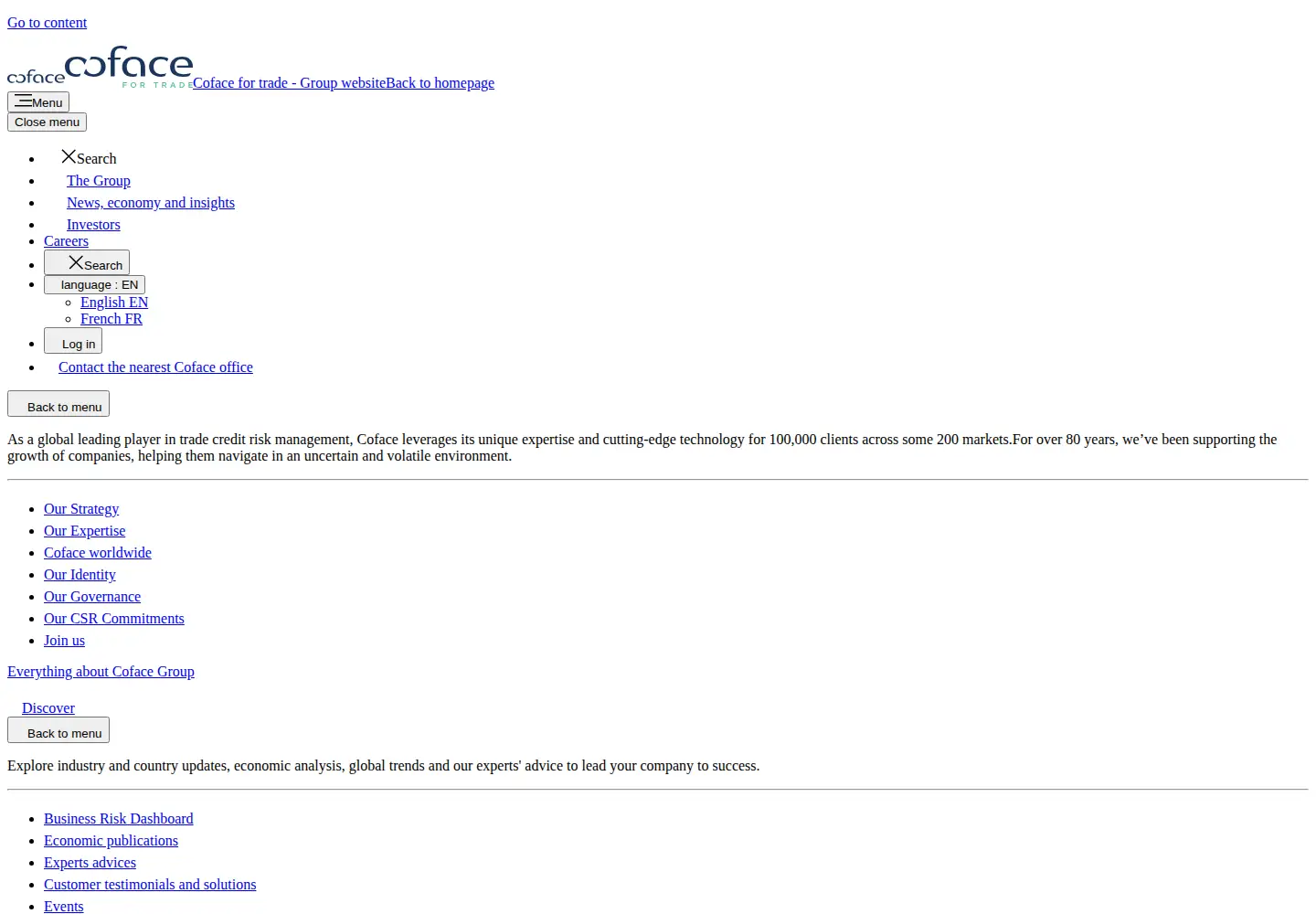 Captured homepage of coface.com in the current scan