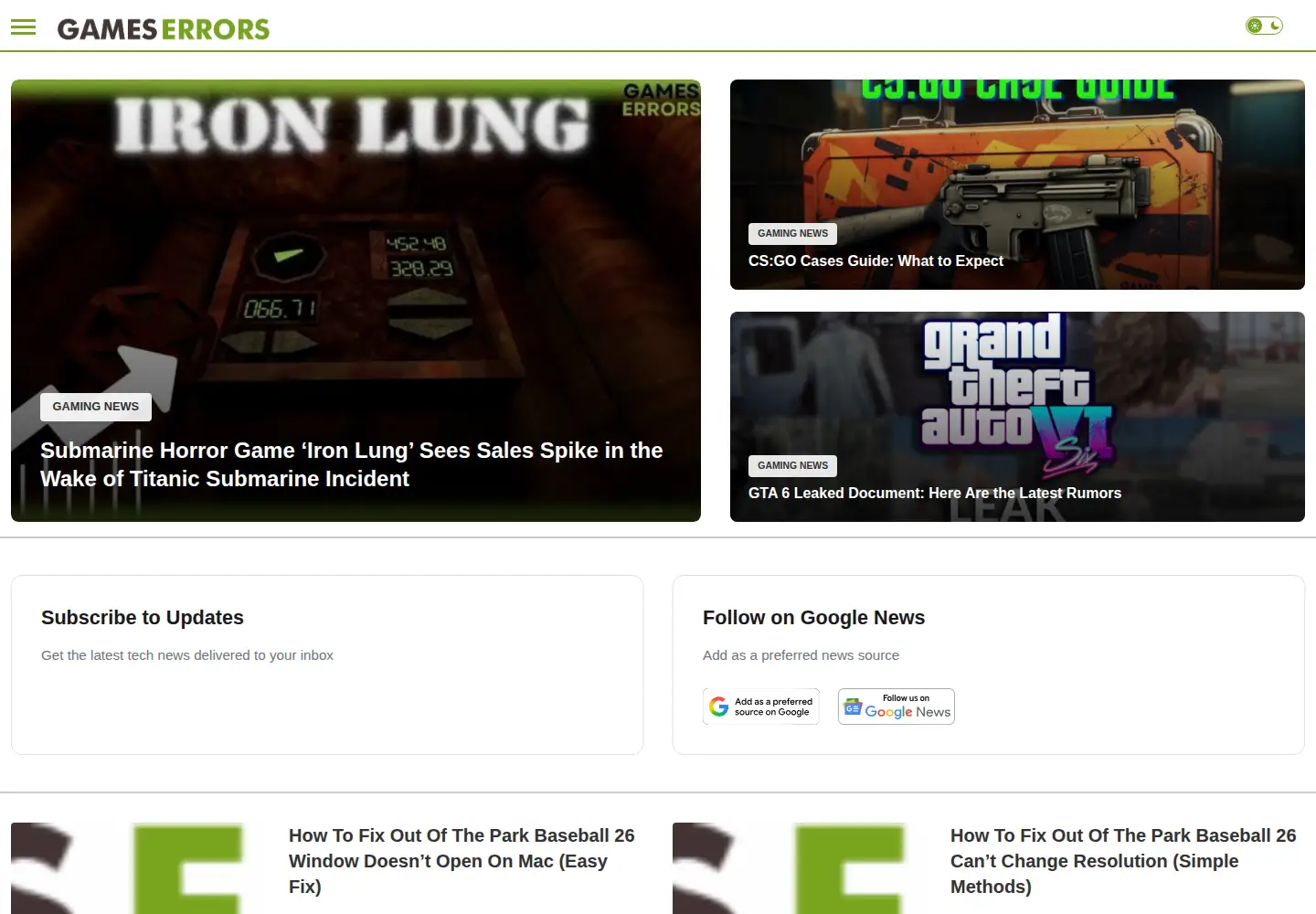 Screenshot of gameserrors.com