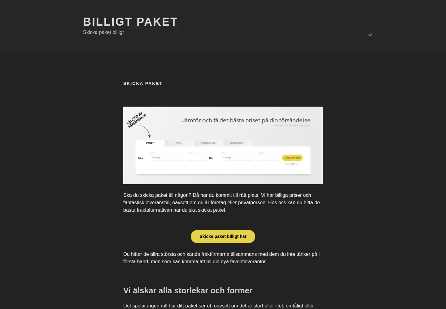 Captured homepage of billigtpaket.se in the current scan