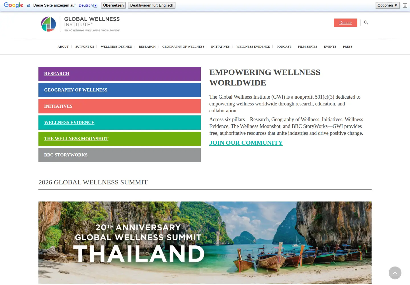 Captured homepage of globalwellnessinstitute.org in the current scan
