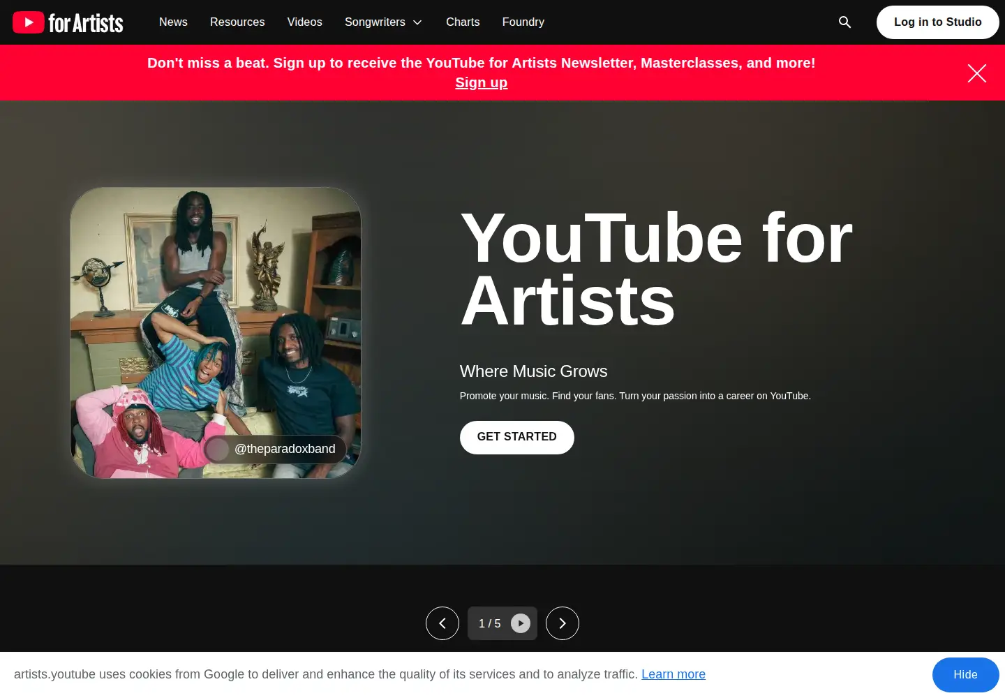 Captured homepage of artists.youtube in the current scan