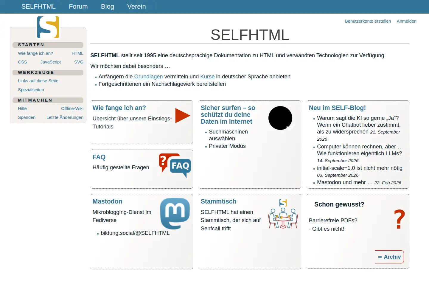 Captured homepage of selfhtml.org in the current scan
