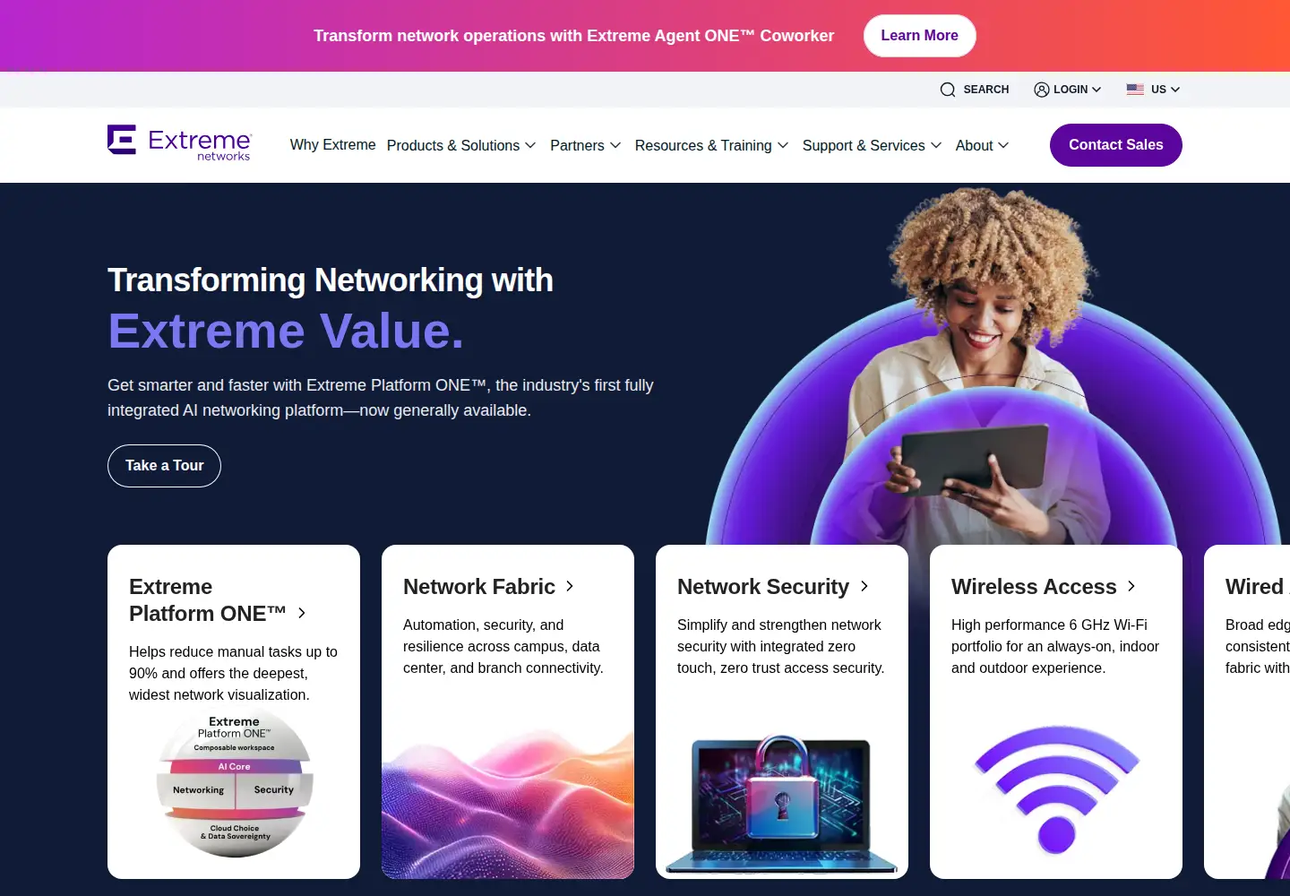 Captured homepage of extremenetworks.com in the current scan