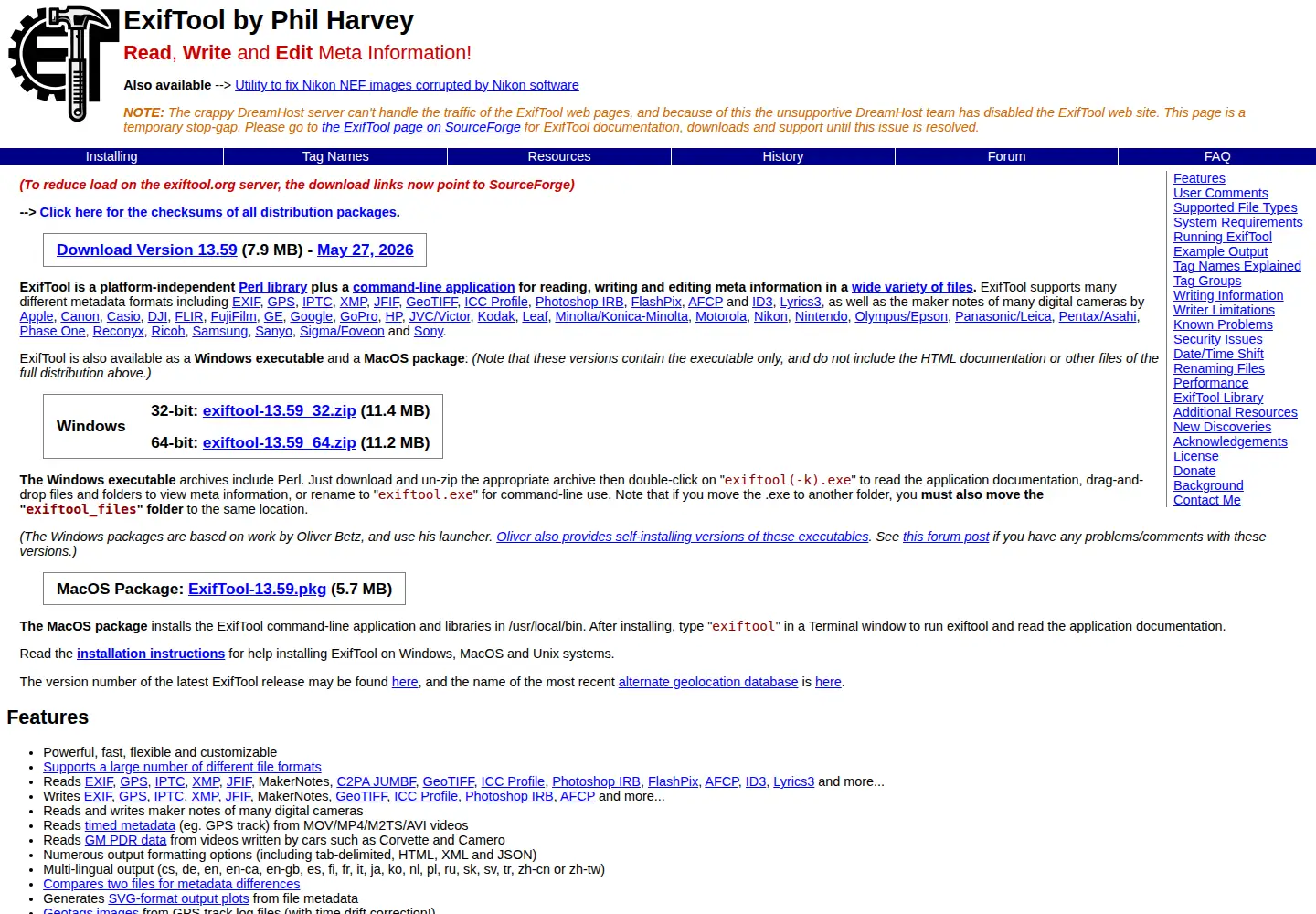 Screenshot of exiftool.org