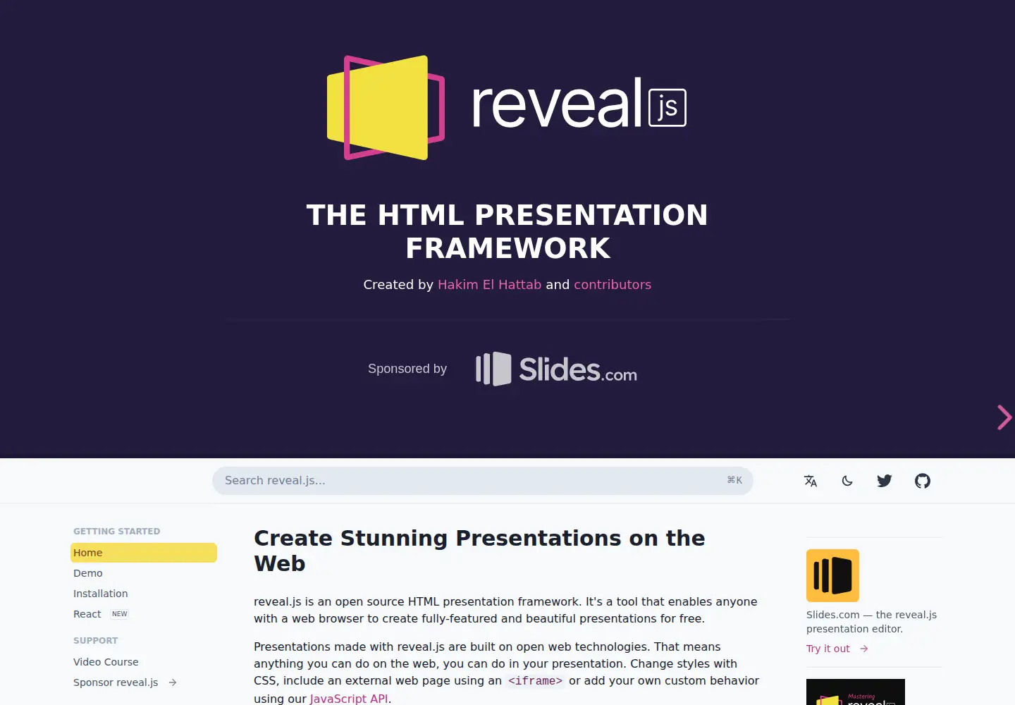 Captured homepage of revealjs.com in the current scan