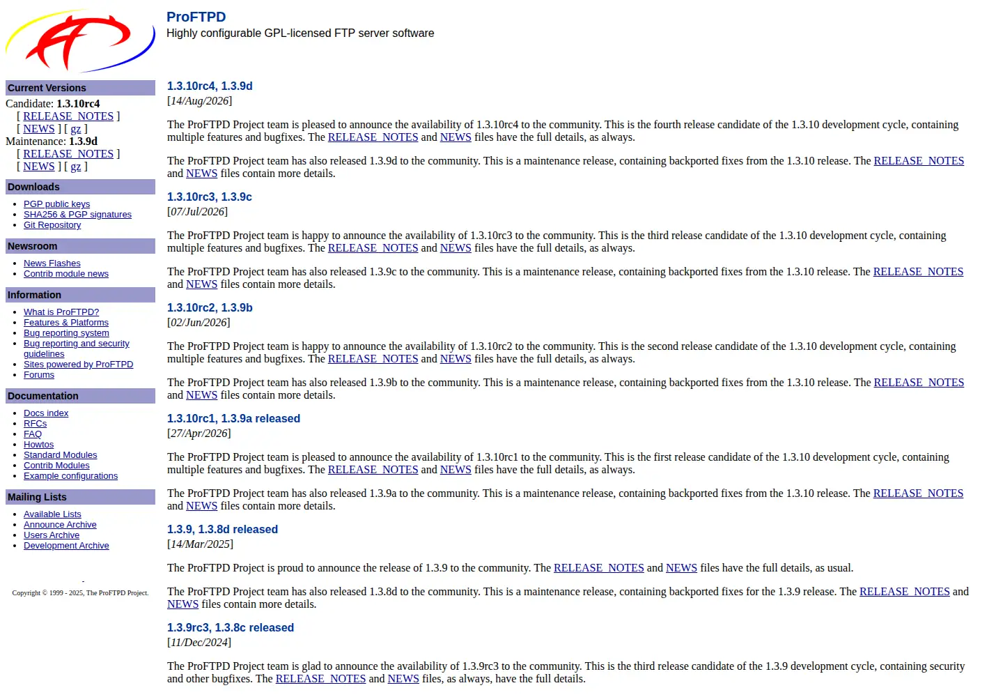 Captured homepage of proftpd.org in the current scan