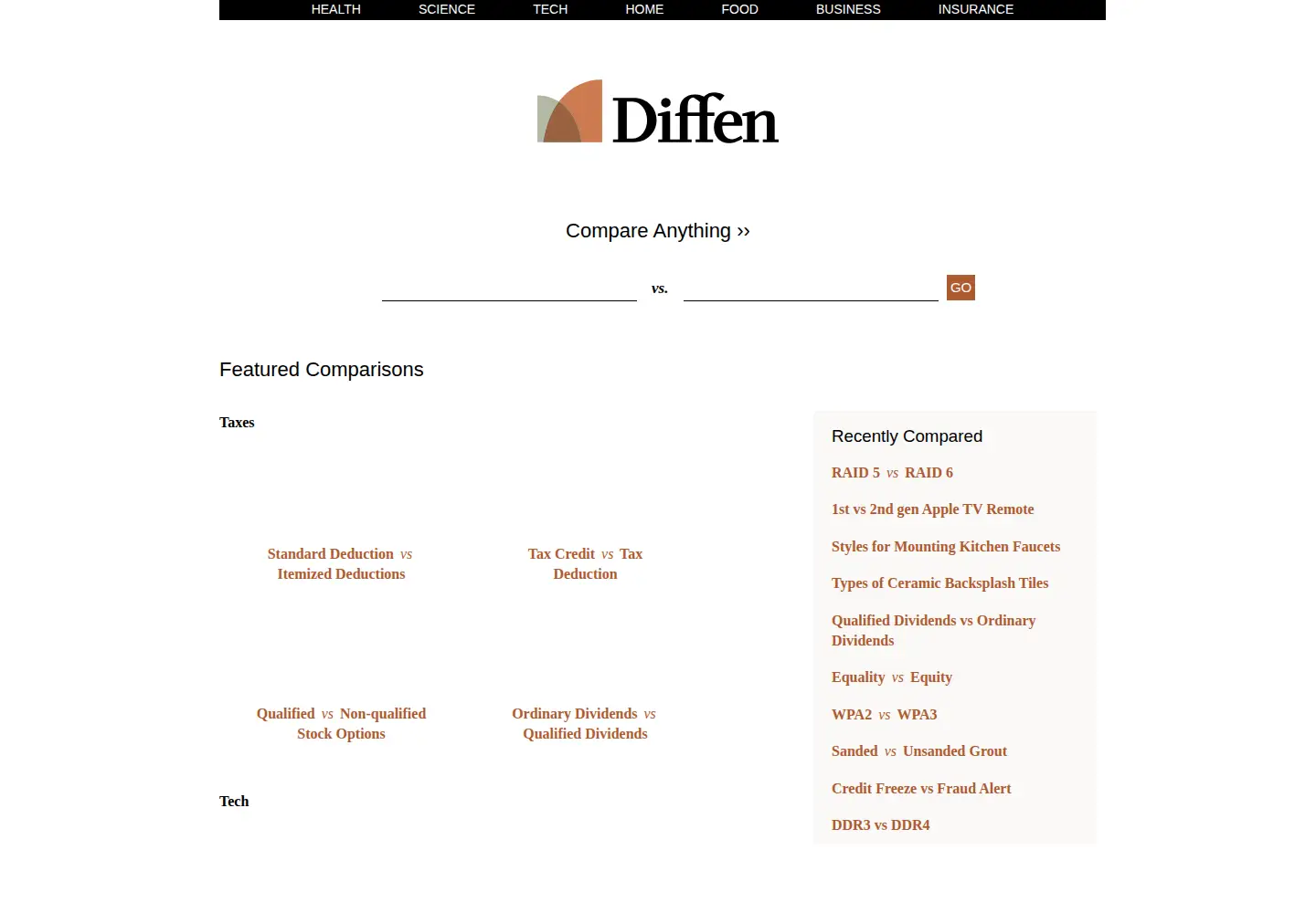 Screenshot of diffen.com