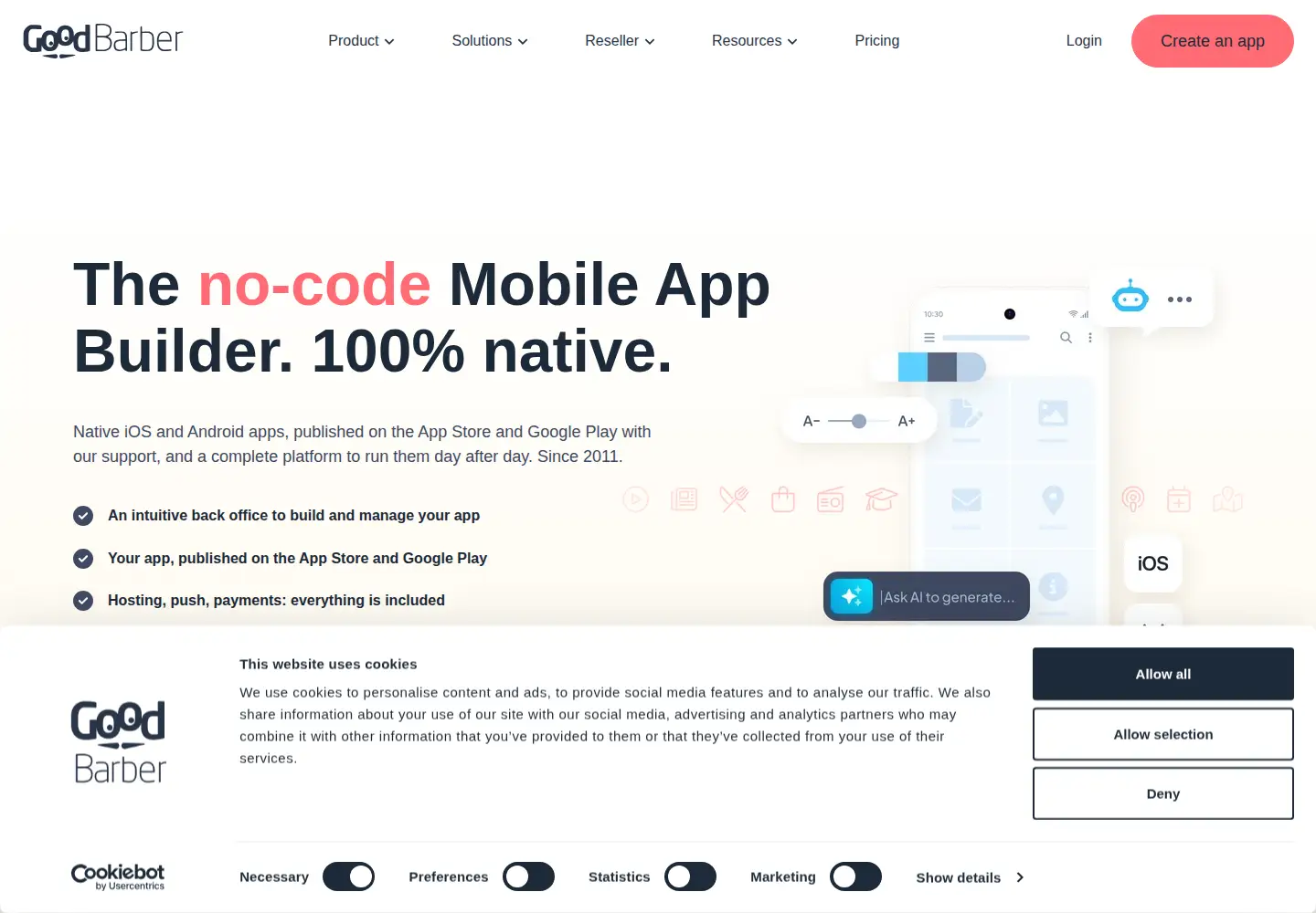Captured homepage of goodbarber.com in the current scan