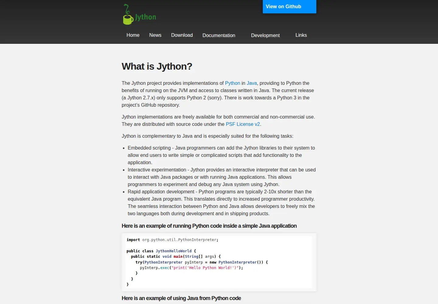 Screenshot of jython.org