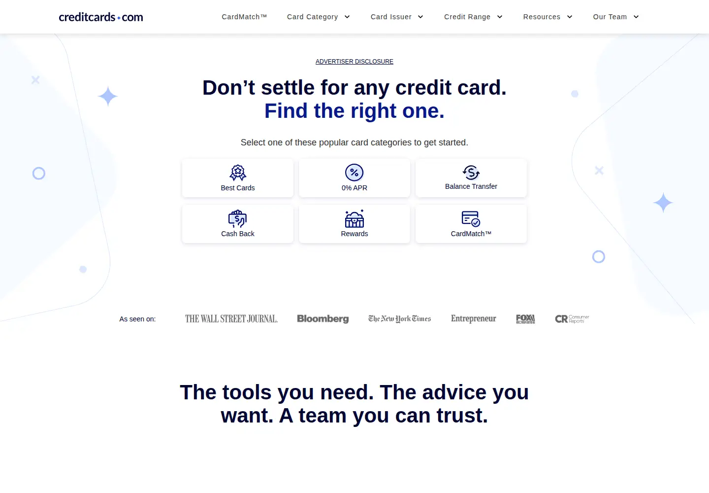 Captured homepage of creditcards.com in the current scan