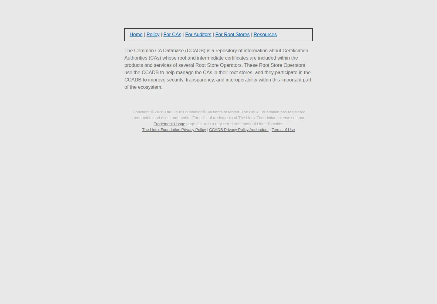 Captured homepage of ccadb.org in the current scan